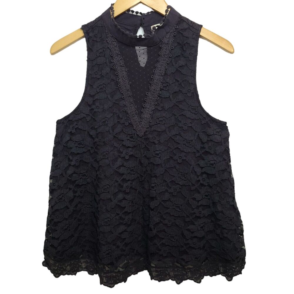 Altard State Women's‎ Top/Blouse SZ L Dark Gray High Colar Lace Sleeveless Top